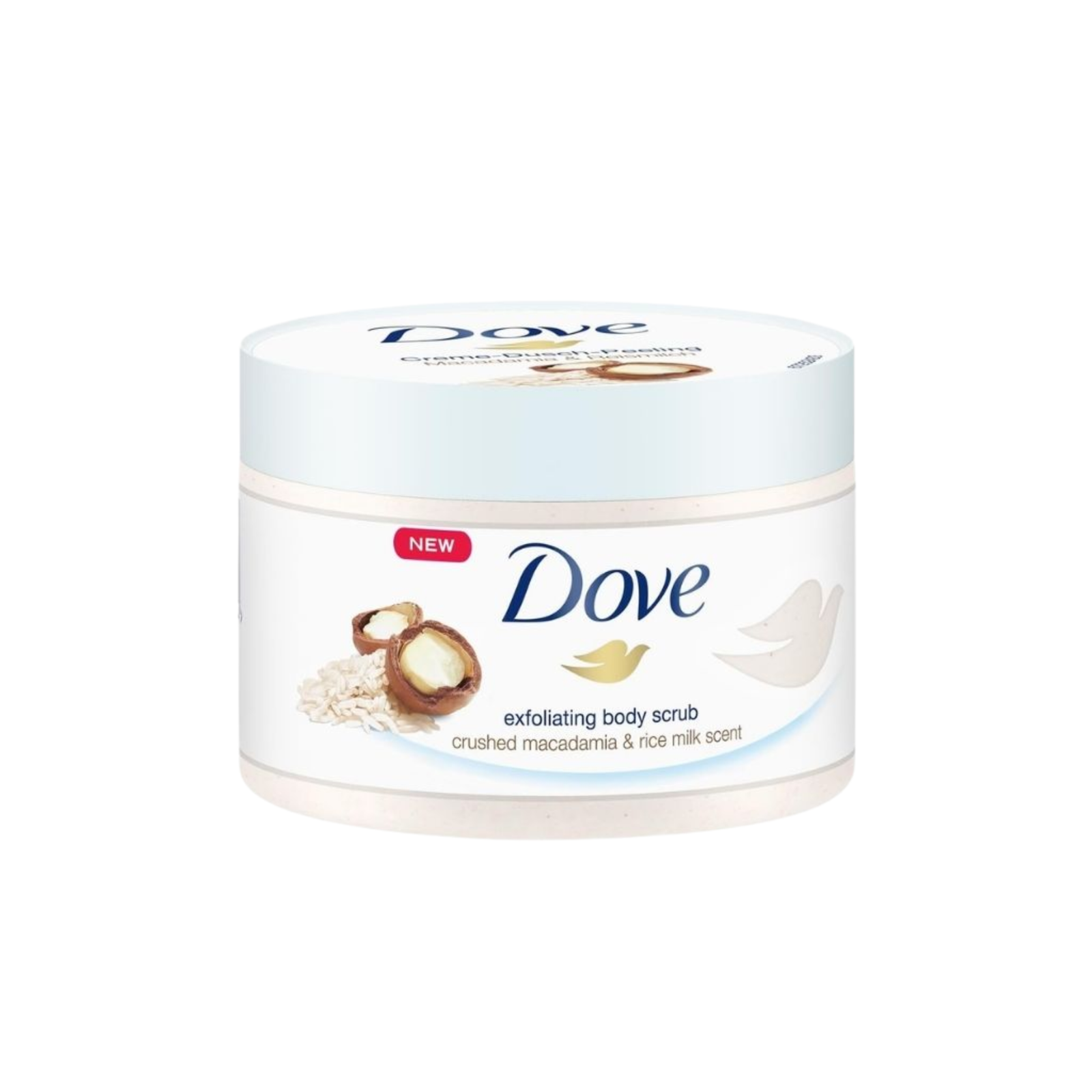 Mart Space (62) Dove Crushed Macadamia & Rice Milk Scent Exfoliating Body Scrub 225ml - Image 1